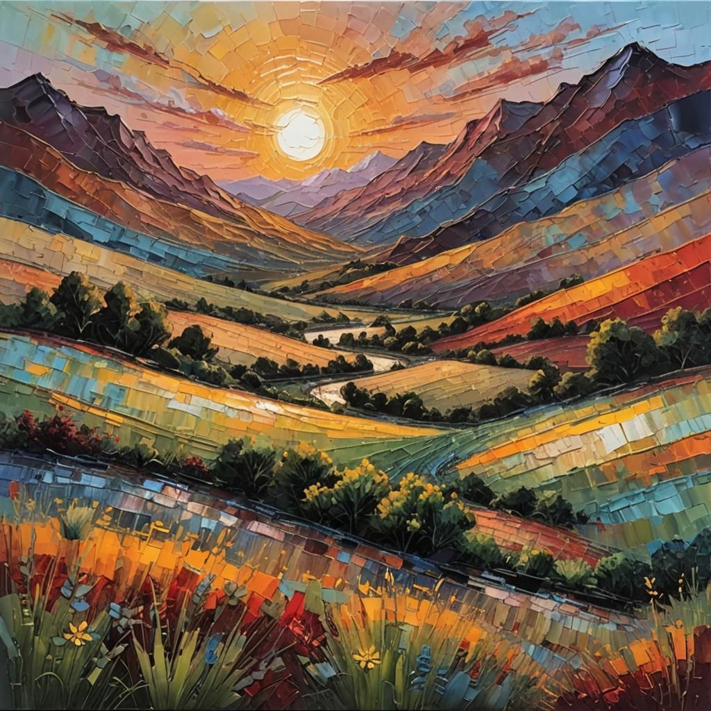 Encaustic Sunset Landscape with Impasto Texture