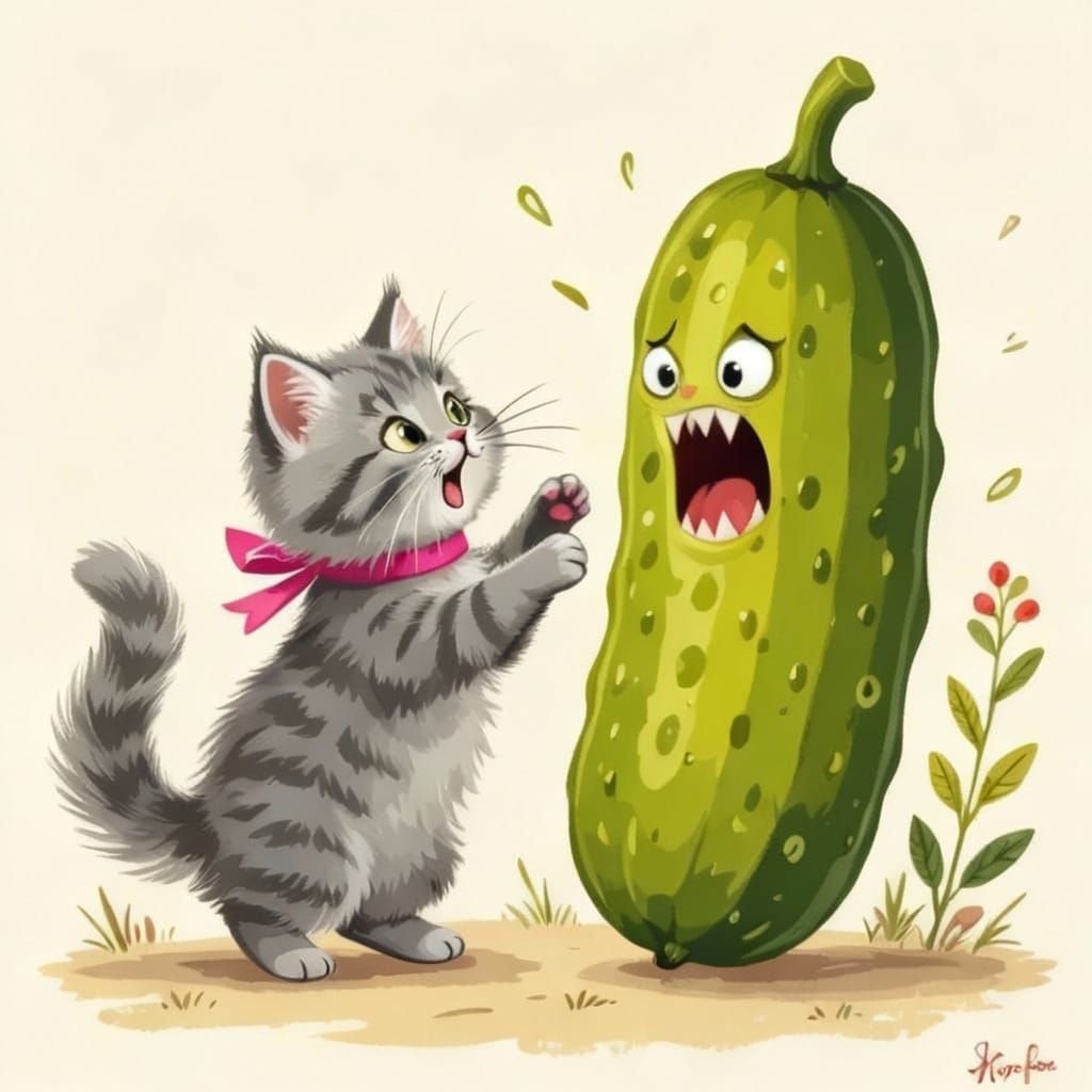 Kitten Surprised by Giant Pickle, Beatrix Potter Style