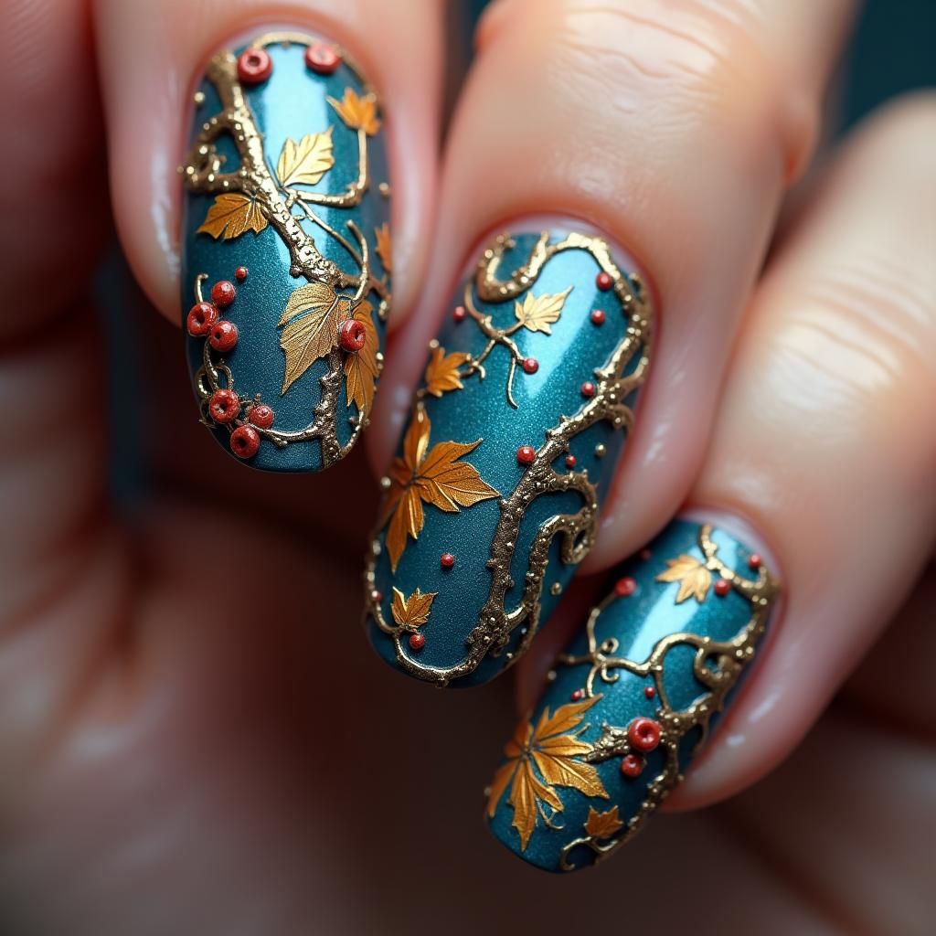Whimsical Fall Nails with Intricate Fantasy Details