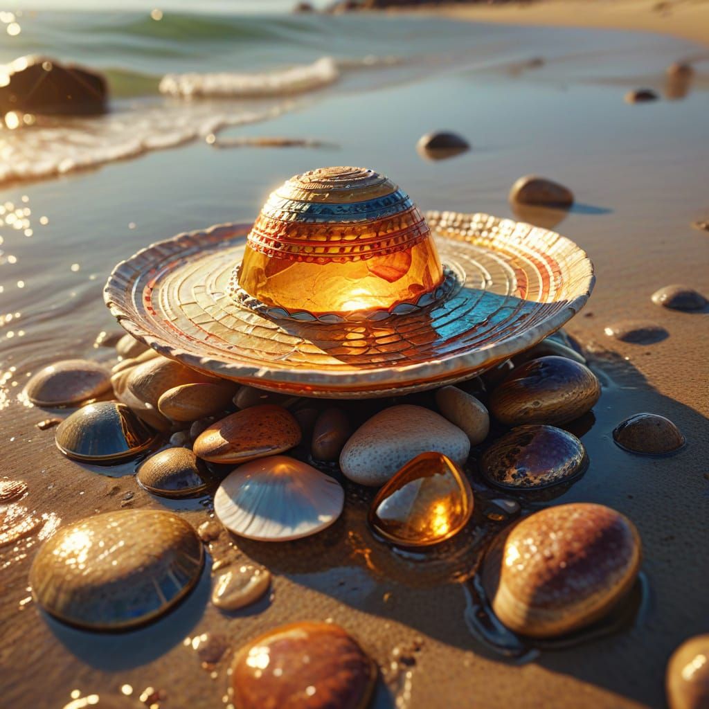 Clam in Sombrero on Beach: Vibrant Oil Painting