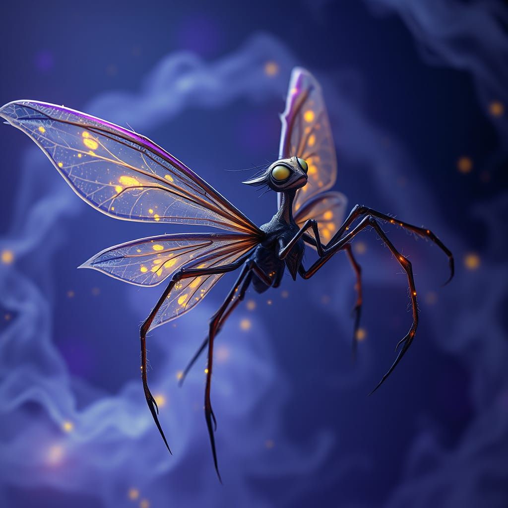 Mystical Spider-Like Fairy in a Swirling Vortex of Mist