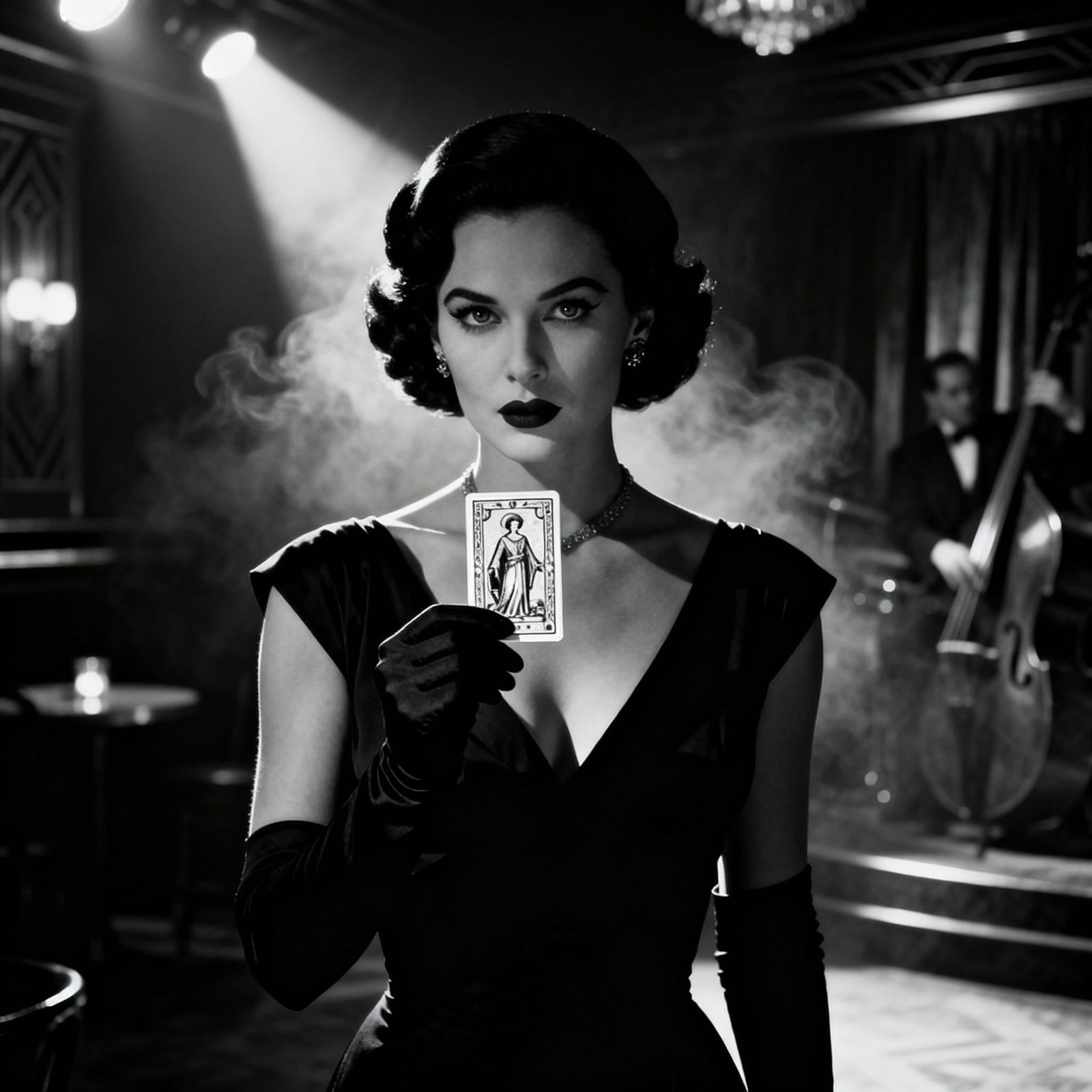 Femme Fatale in Smoky Jazz Club, Film Noir Style