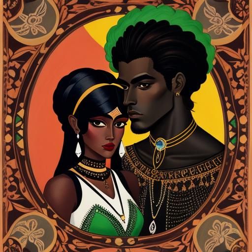 Colorful Art of Dark-Skinned Couple as Gouache Painting