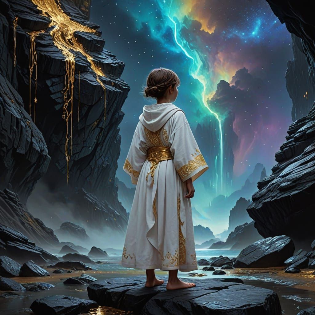 A curious child stands on a weathered dark rock...