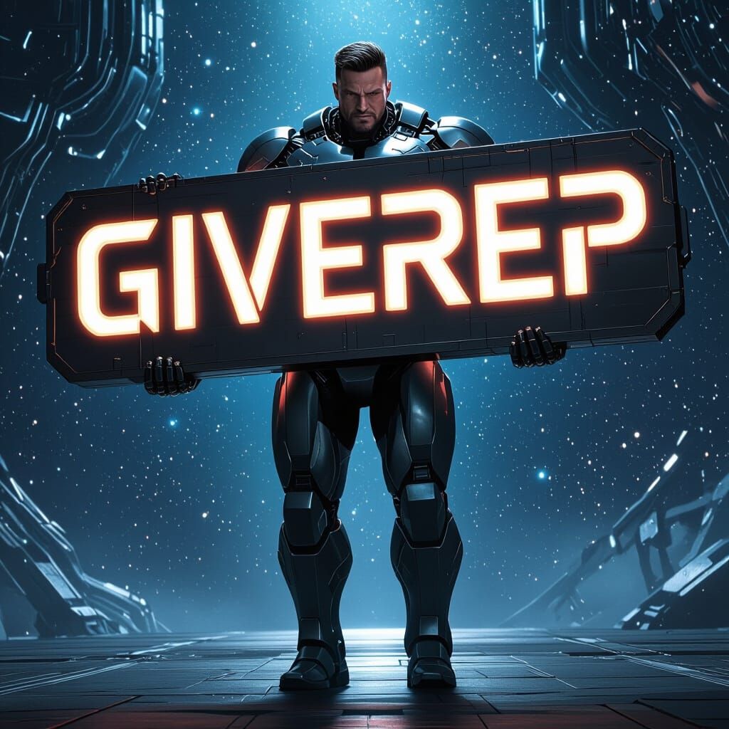 Cybernetic Man Carries Giverep Sign in Space