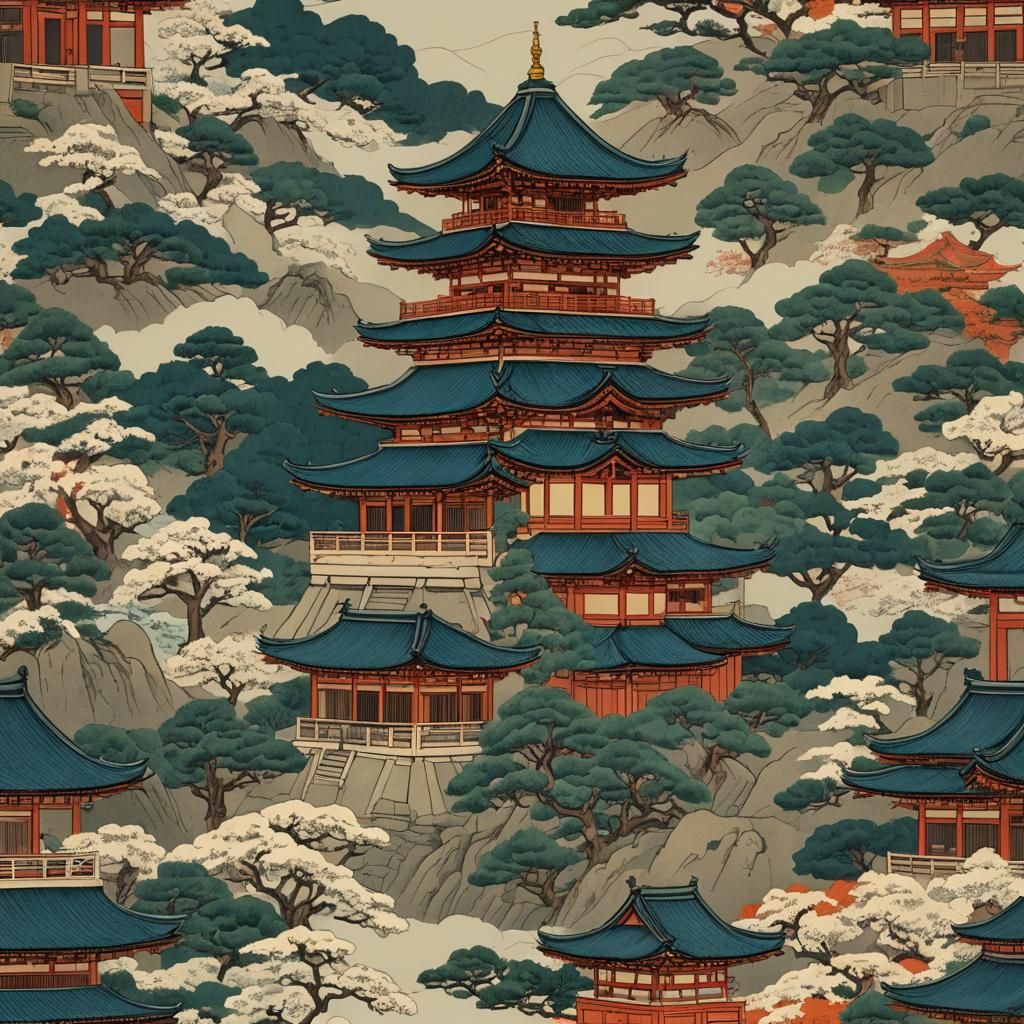 Ukiyo-e Japanese Temple with Abstract Details