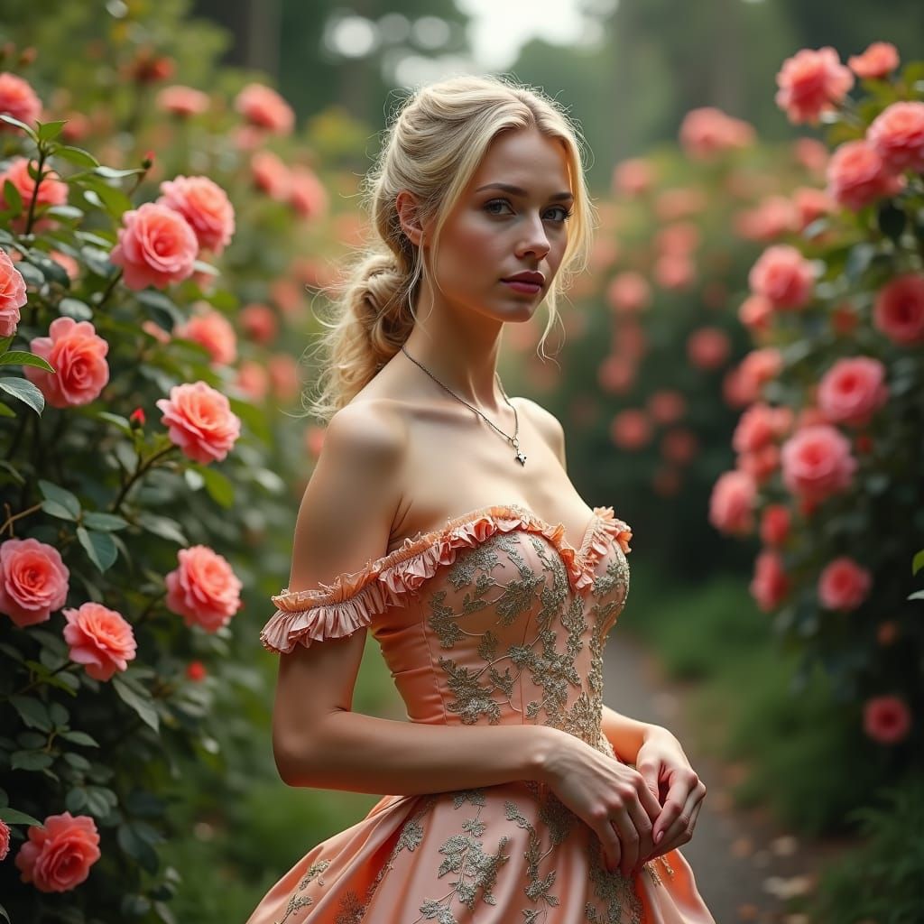 Elegant Woman in Rose Garden: Renaissance Realism