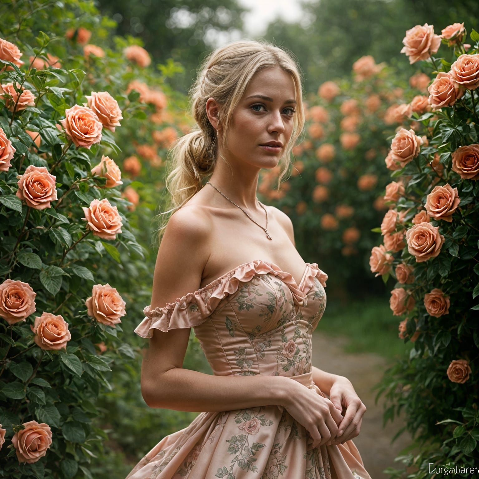 Elegant Woman in Satin Dress Amongst Roses