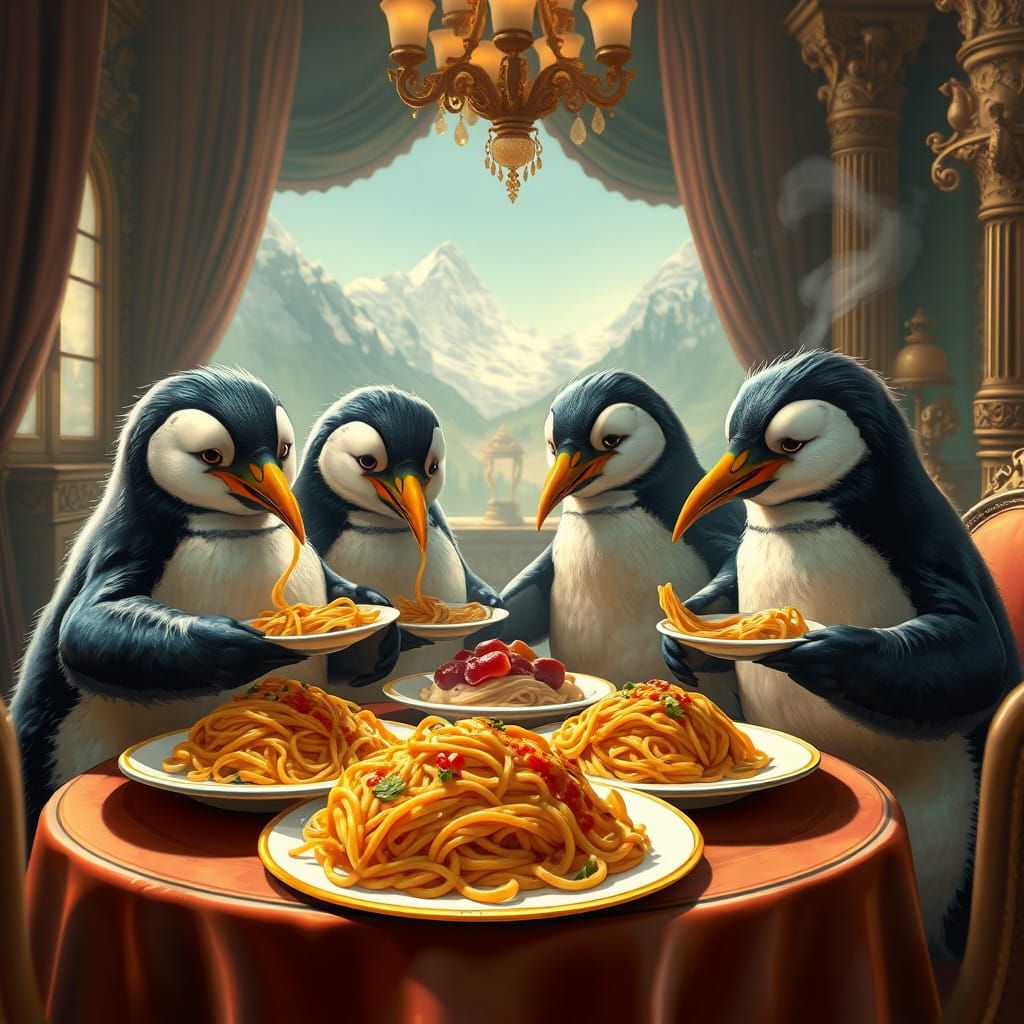 Penguins in Luxurious, Whimsical Spaghetti Feast