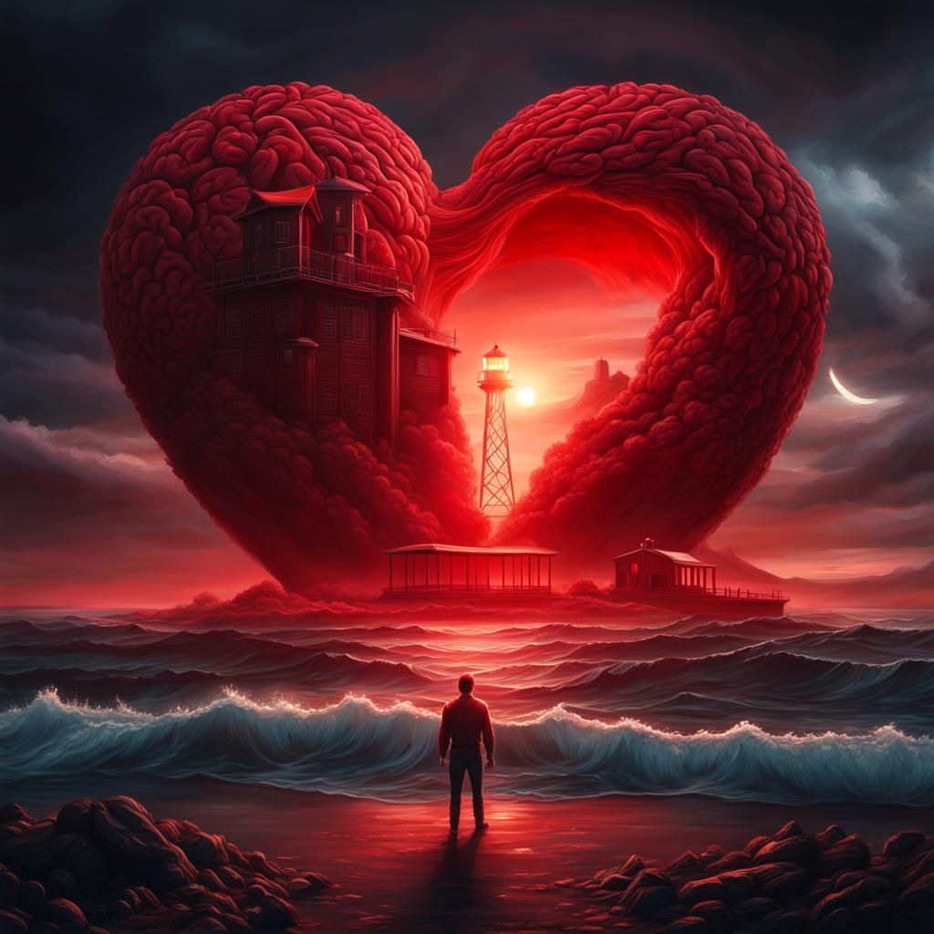 Surreal Lighthouse Scene with Heart and Brain