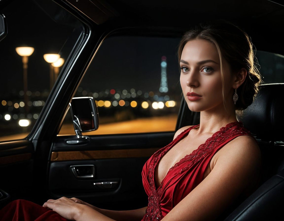 Elegant Woman in Red Gown in Luxury Car at Night