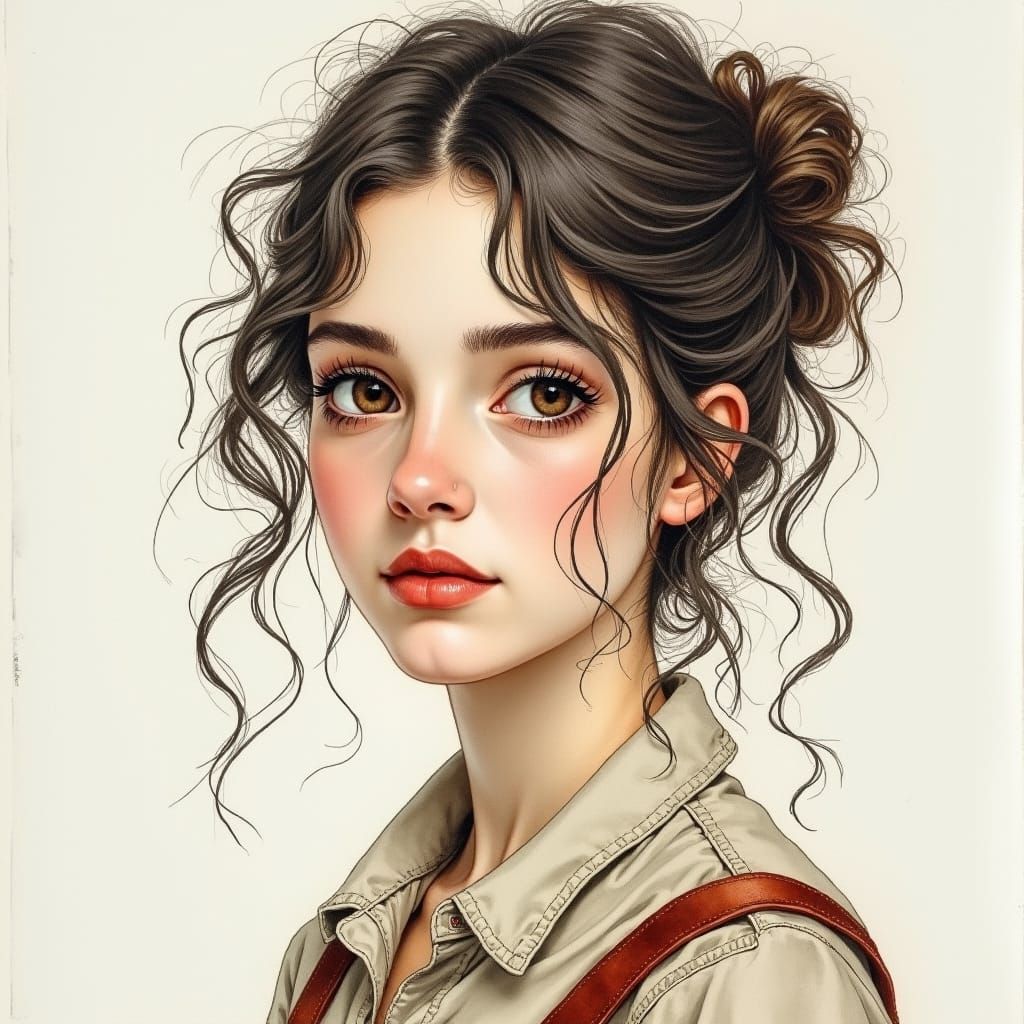 Line Sketch Portrait of Young Woman in Art Nouveau Style