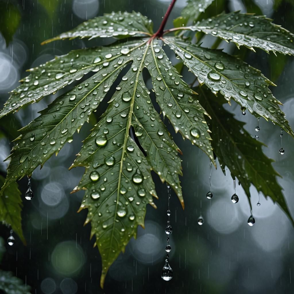Detailed Rain Droplets on Leaf Photograph