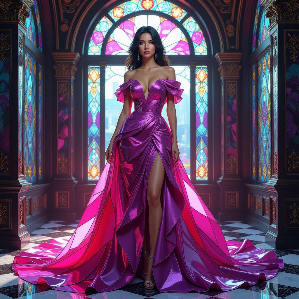Woman in Radiant Stained Glass Dress