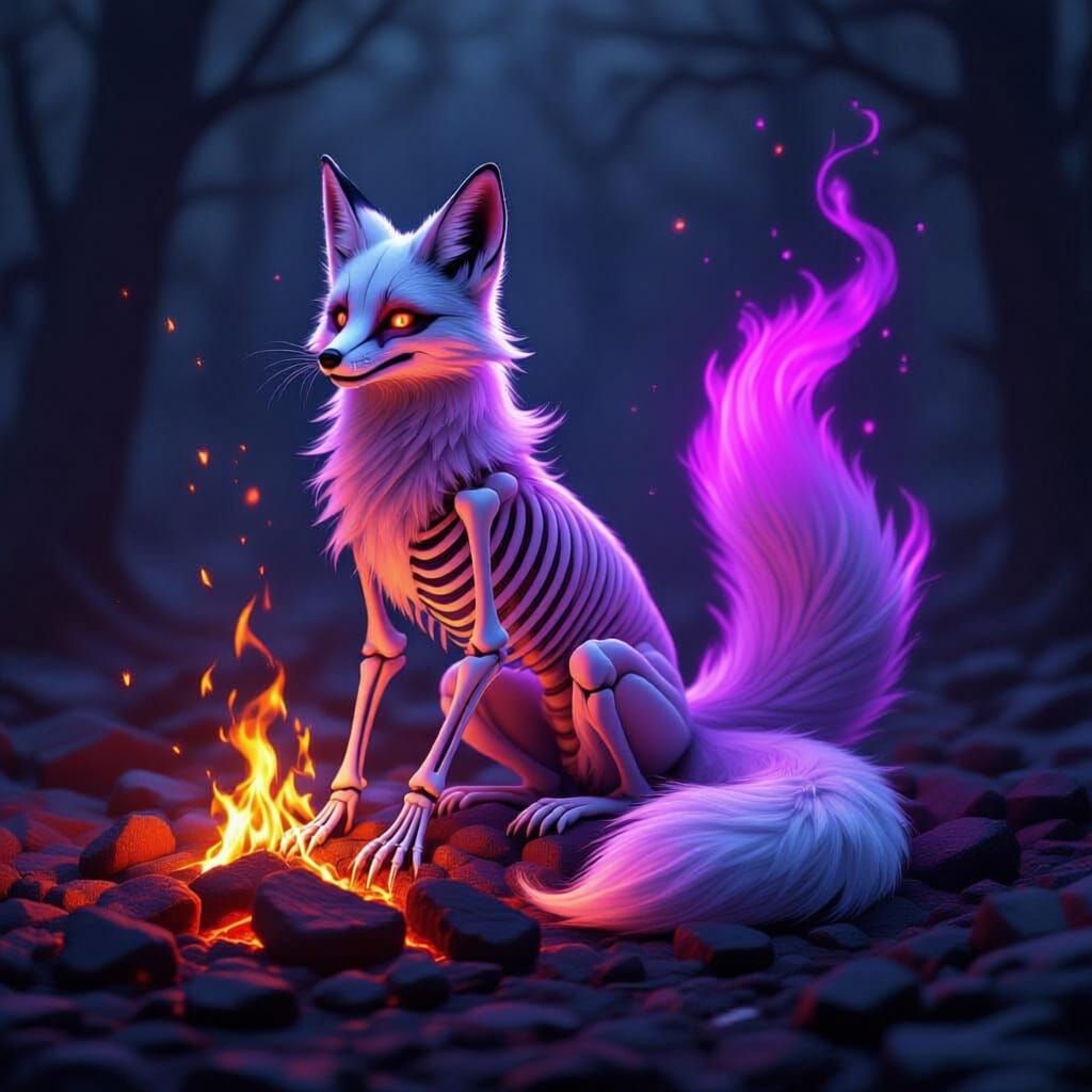 Bone Fox with Purple Fire Tail on Hot Coals