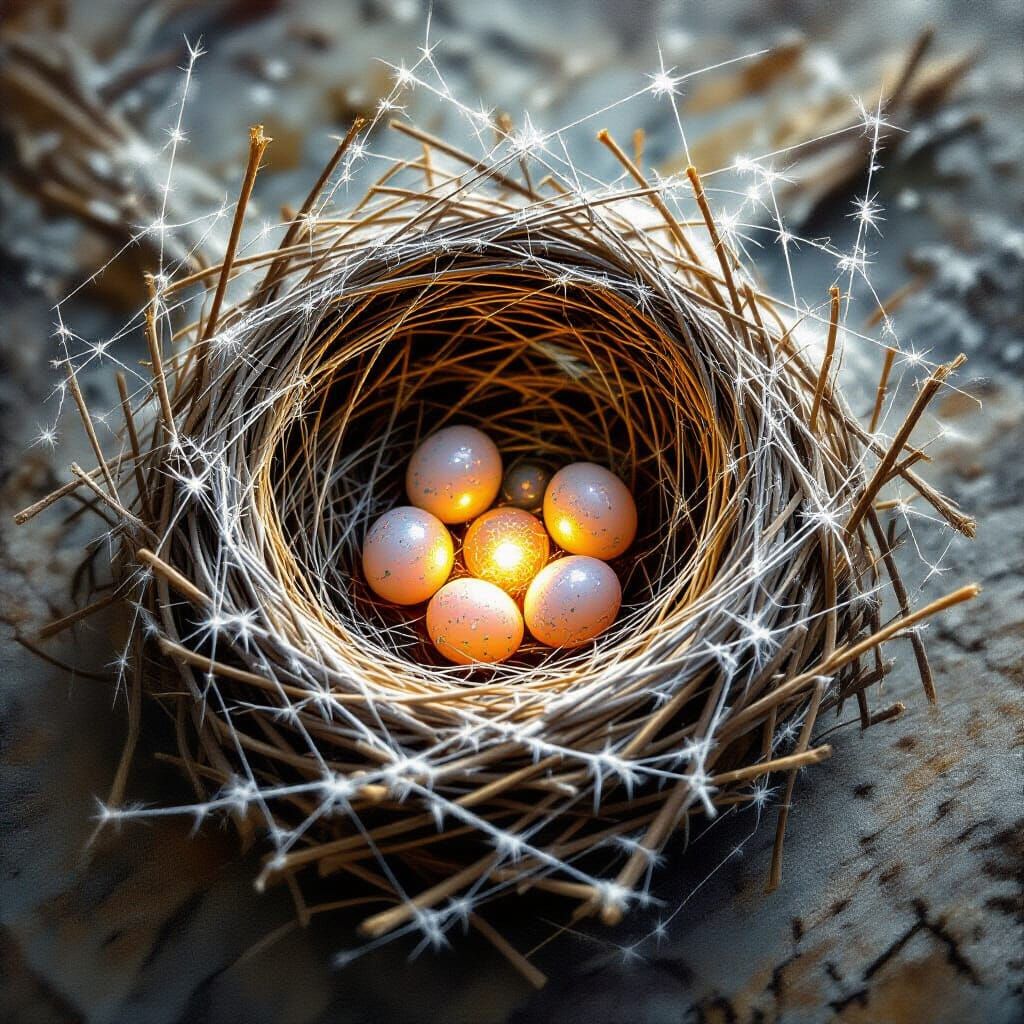 Silver Spiderweb Nest with Glowing Eggs, Painterly Realism