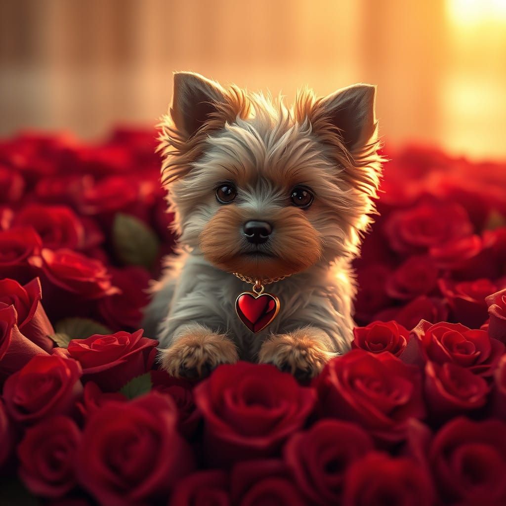 Regal Yorkie Surrounded by Red Roses in Ethereal Glow