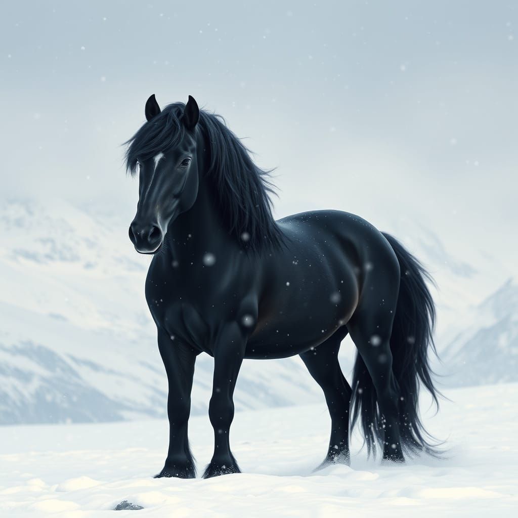 Ethereal Black Horse in Winter Wonderland