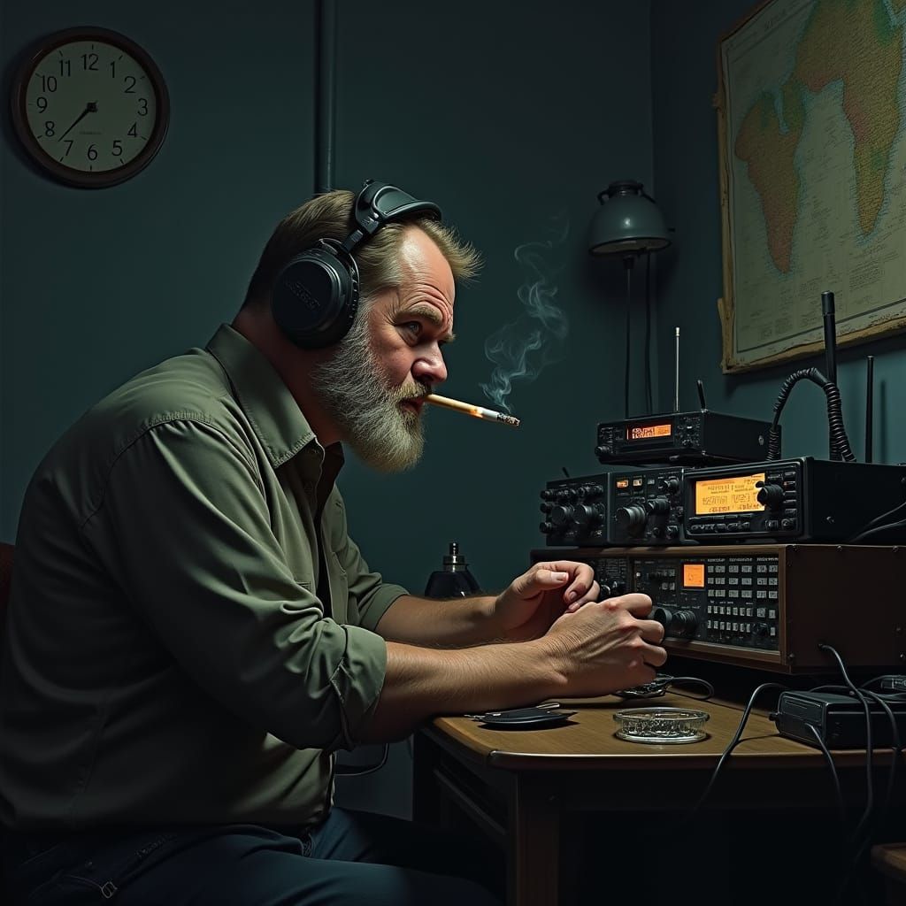 Ham Radio Operator Listening in Dimly Lit Room