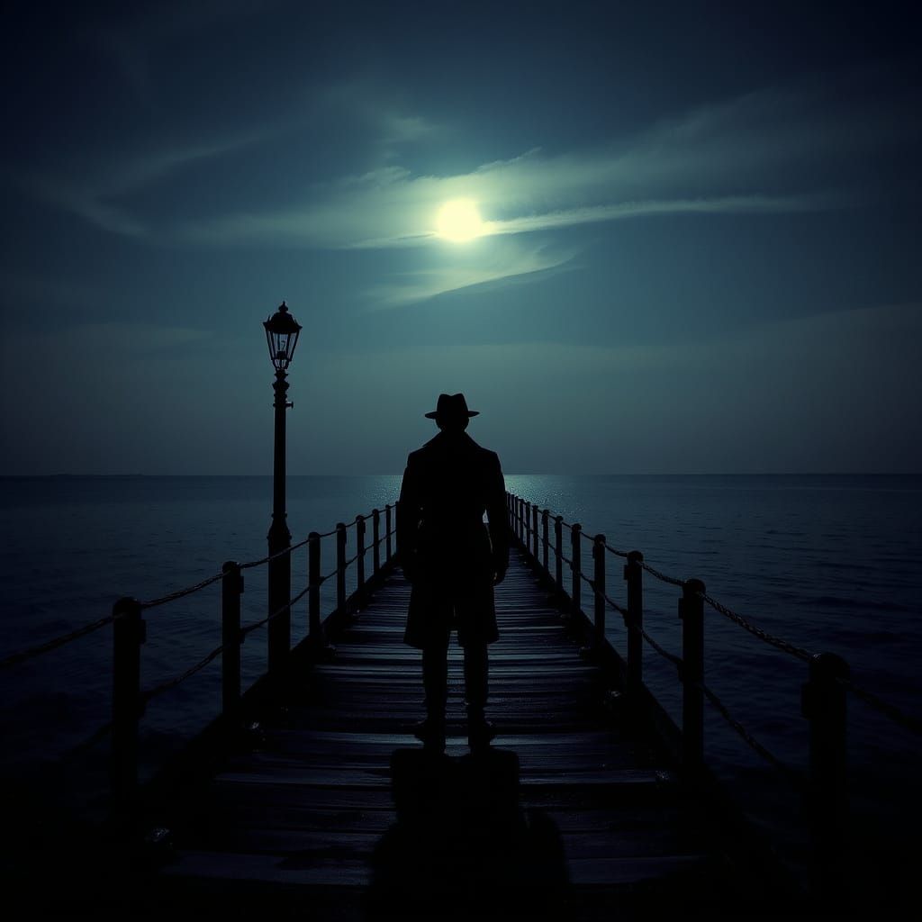 Noir Figure on Pier Under Moonlight