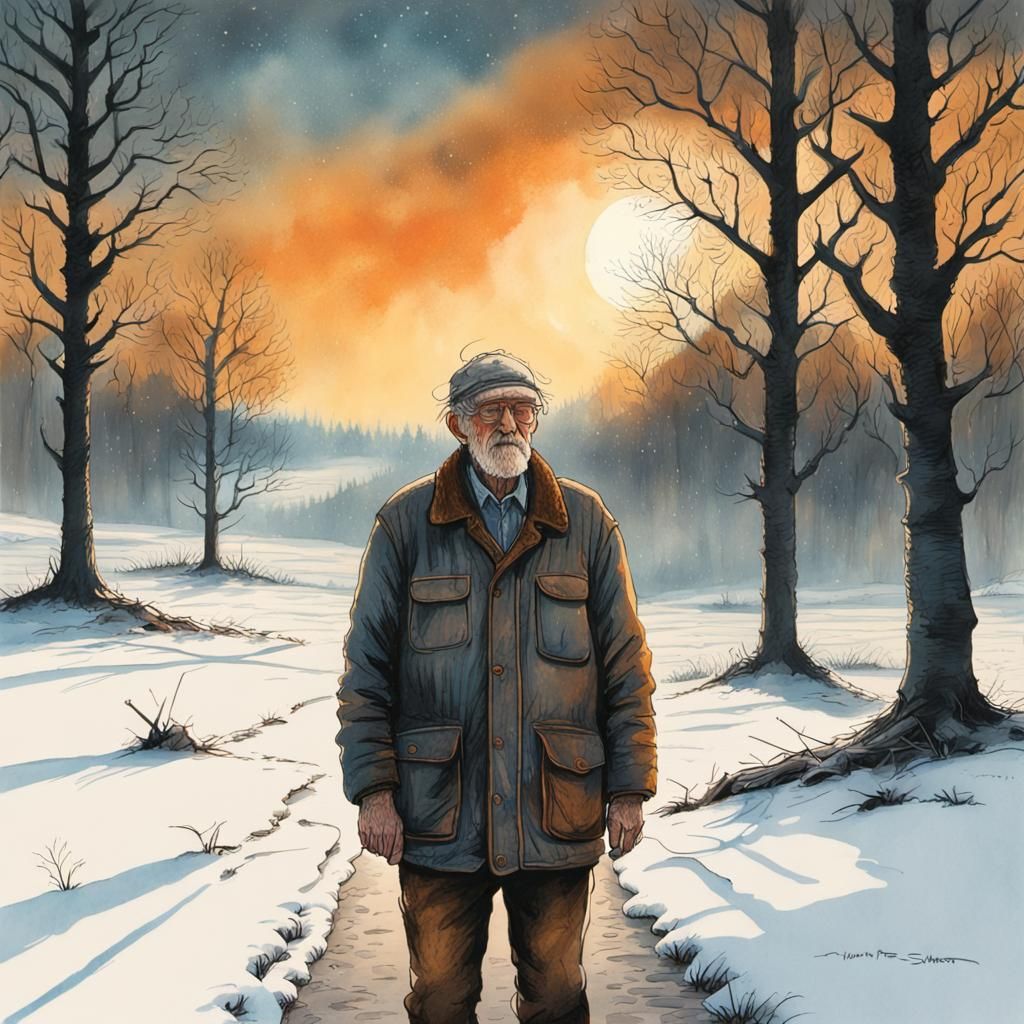 Farmer in Snowy Landscape: Mixed Media Concept Art