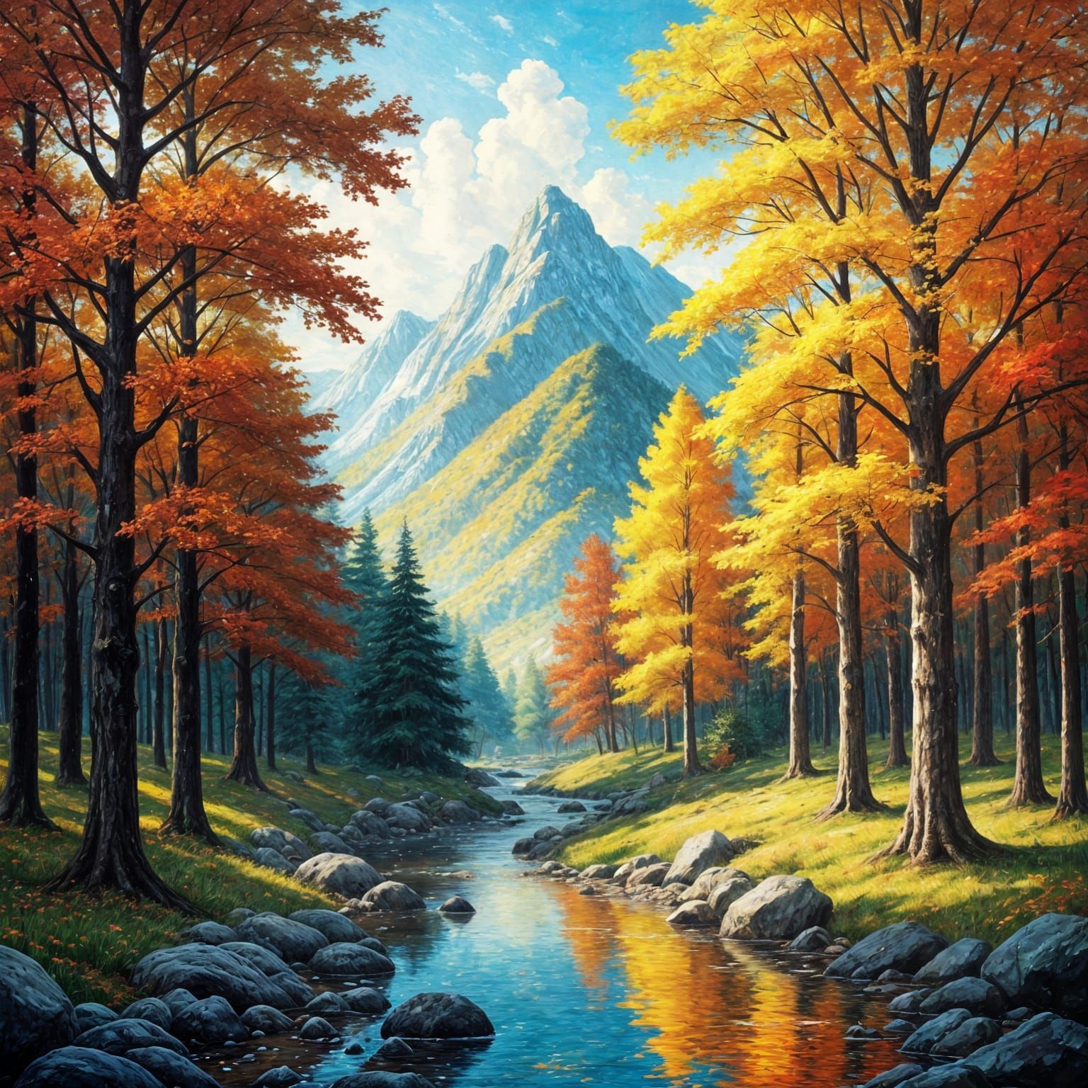 Autumnal Mountain Landscape: Impressionistic Oil Painting