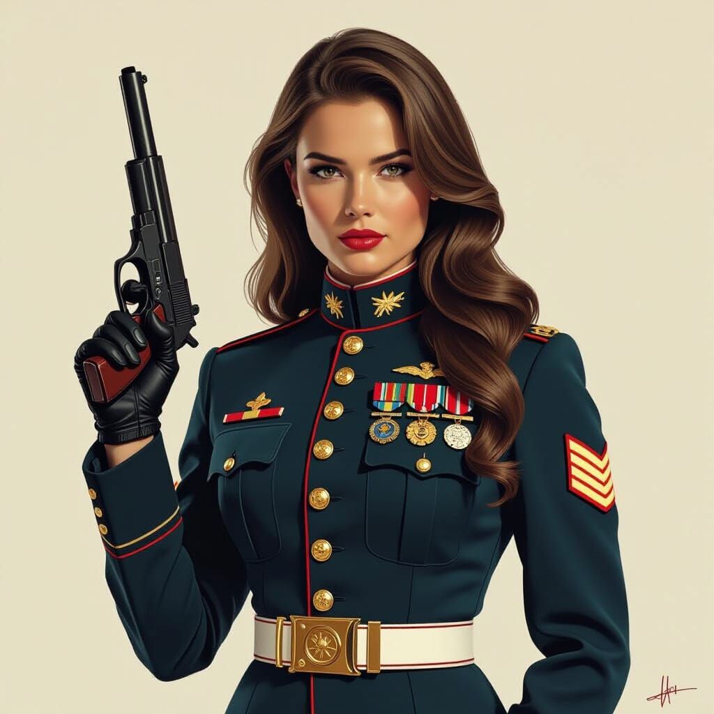 Elegant Marine in Dress Blues with Pistol, Cinematic Style