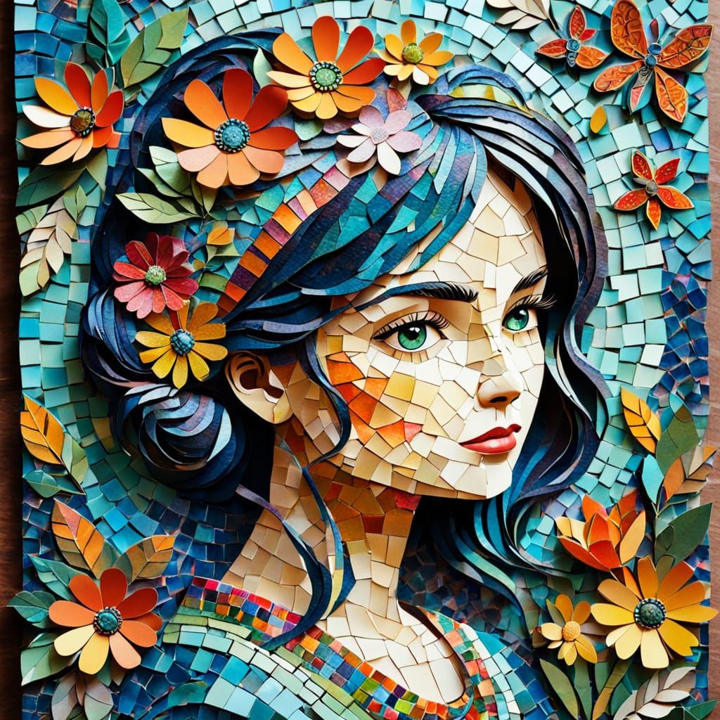 Woman Creating Decoupage Art in Mosaic Style