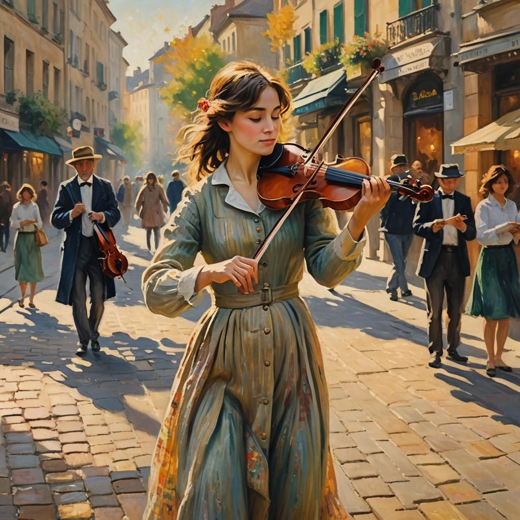 Impressionist Violinist Plays on Golden Street