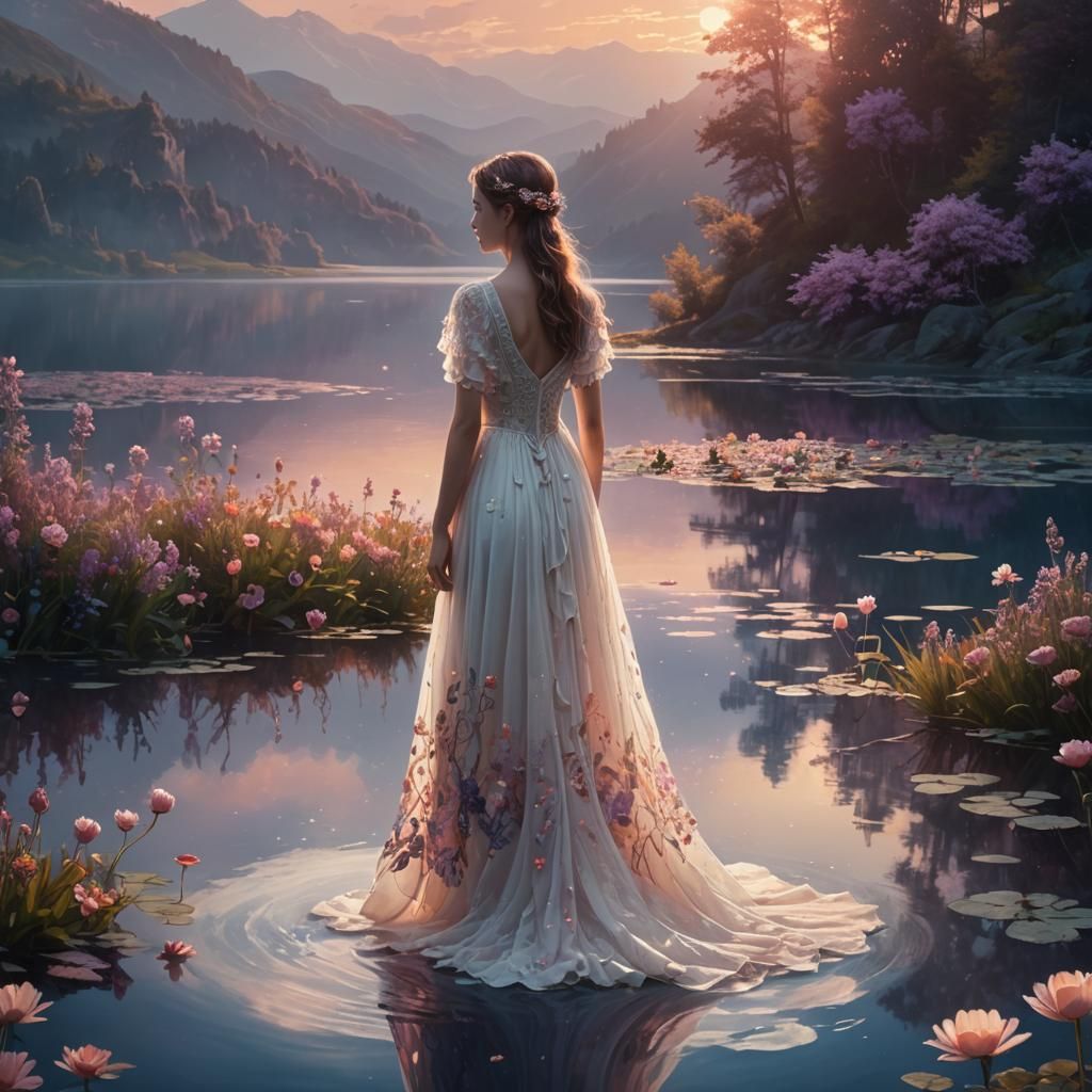 Mystical Woman at Glowing Lake: Surreal Dream Art