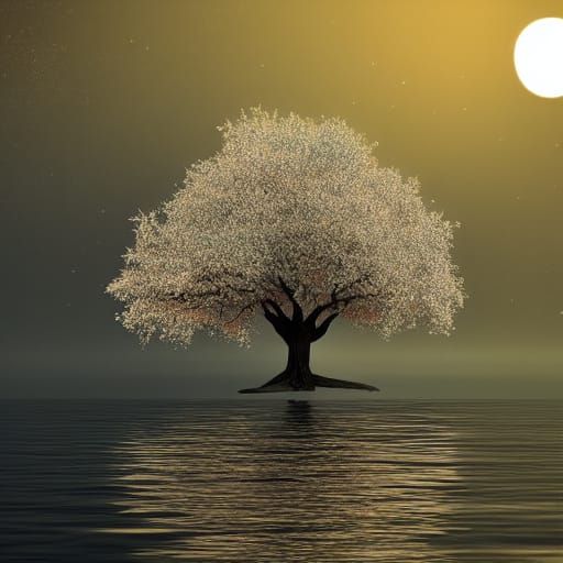 Glowing Silver Tree in Golden Lake Sunset