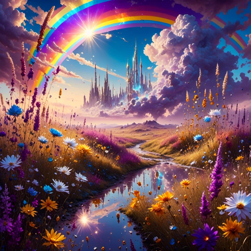 Bioluminescent Crystal Flowers in Rainbow Meadow