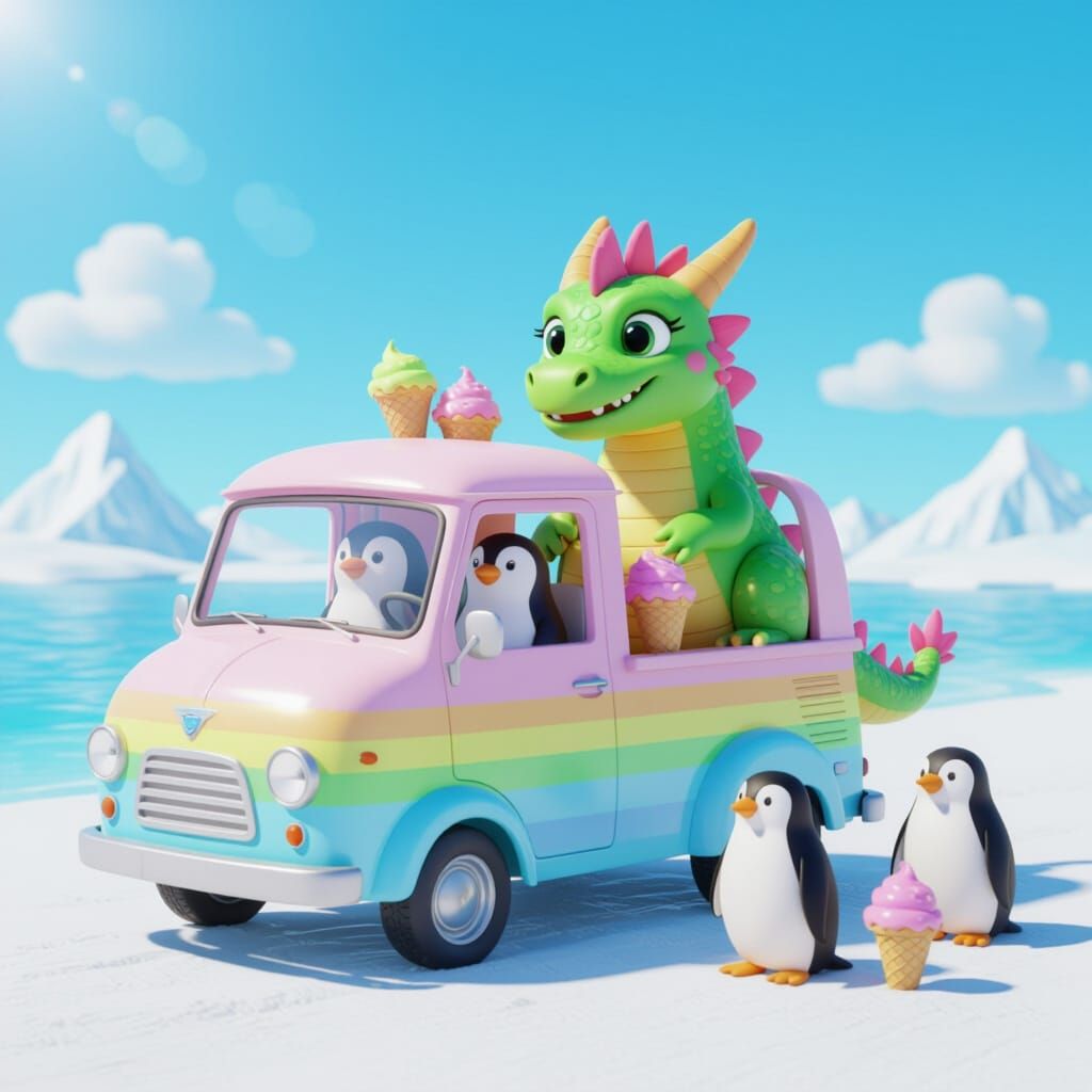 Rainbow Dragon Serves Penguins in Pastel Ice-Cream Truck