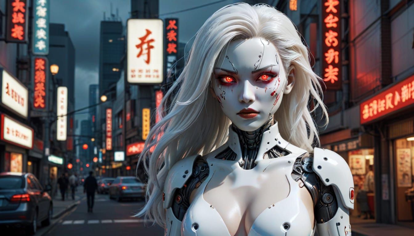 Terrifying Gynoid Cyborg in Cyberpunk Cityscape
