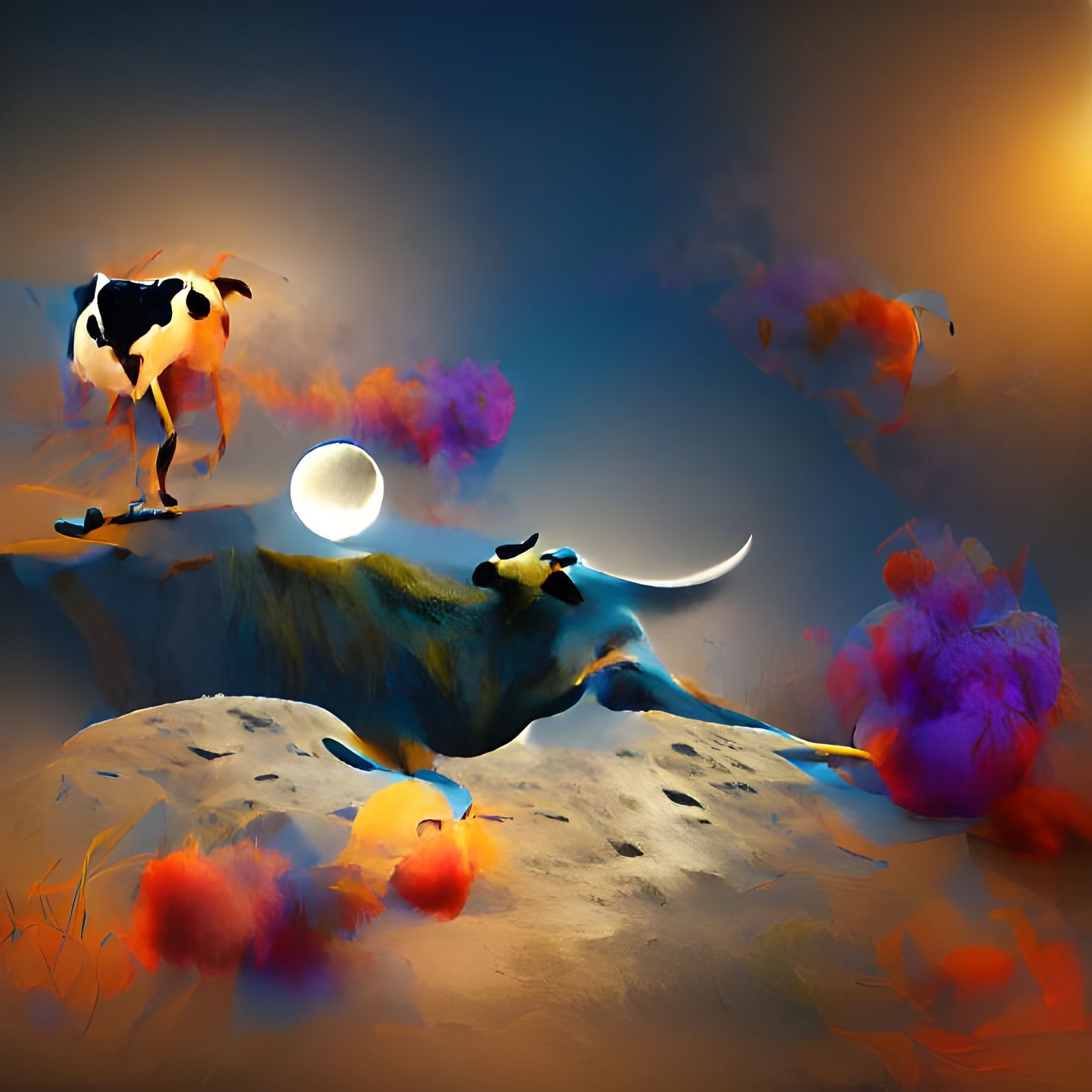 A cow jumping over the moon digital illustration volumetric ...
