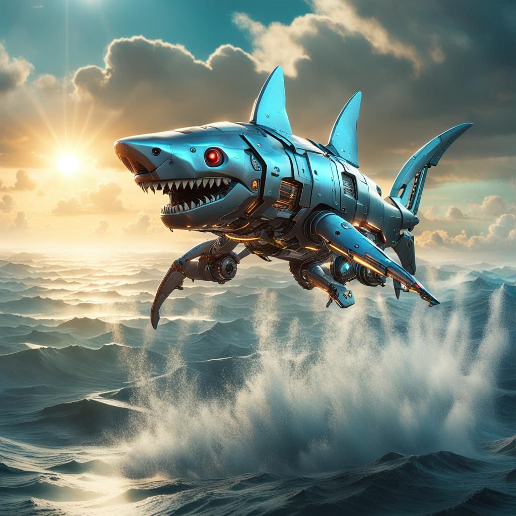 Futuristic Robot Shark Soaring Over Ocean