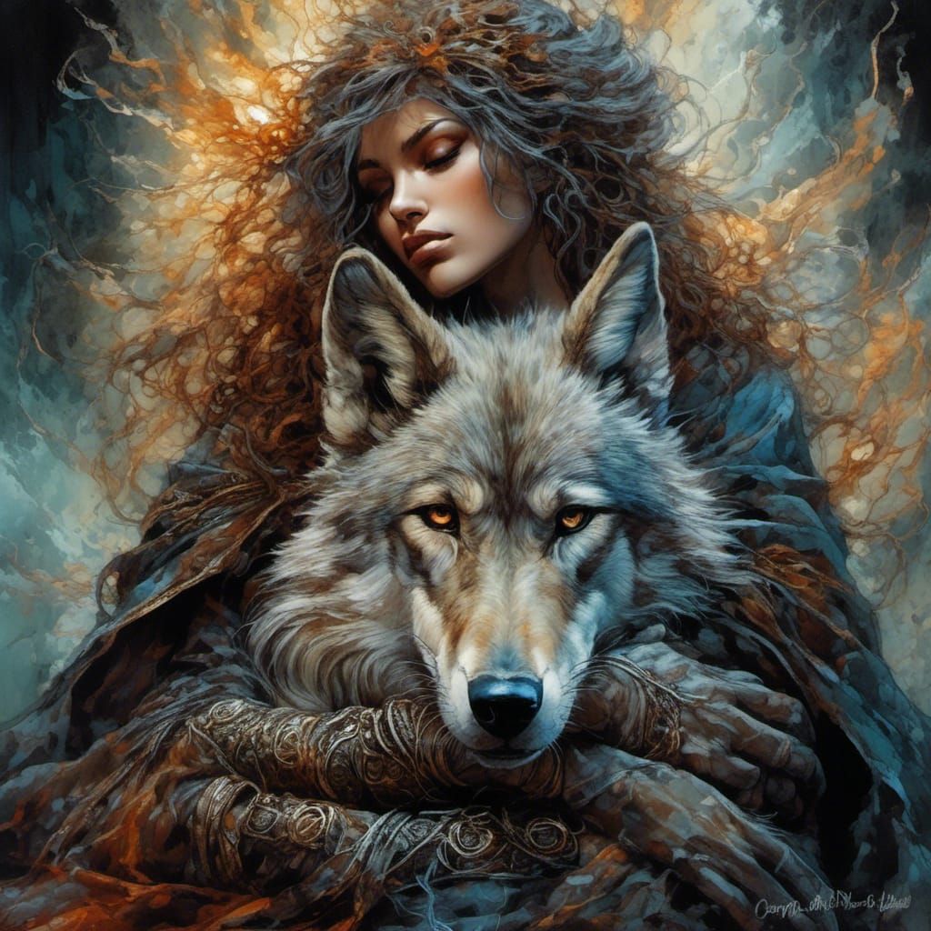 Wolf Witch Cuddling Pup in Fantasy Art Style
