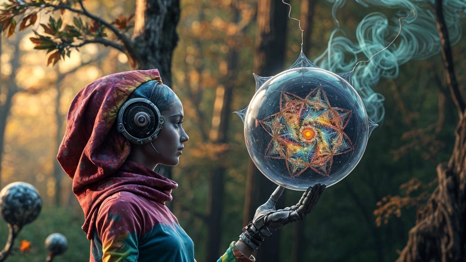 Ethereal Robot Admires Fractal Sphere in Whimsical Nature