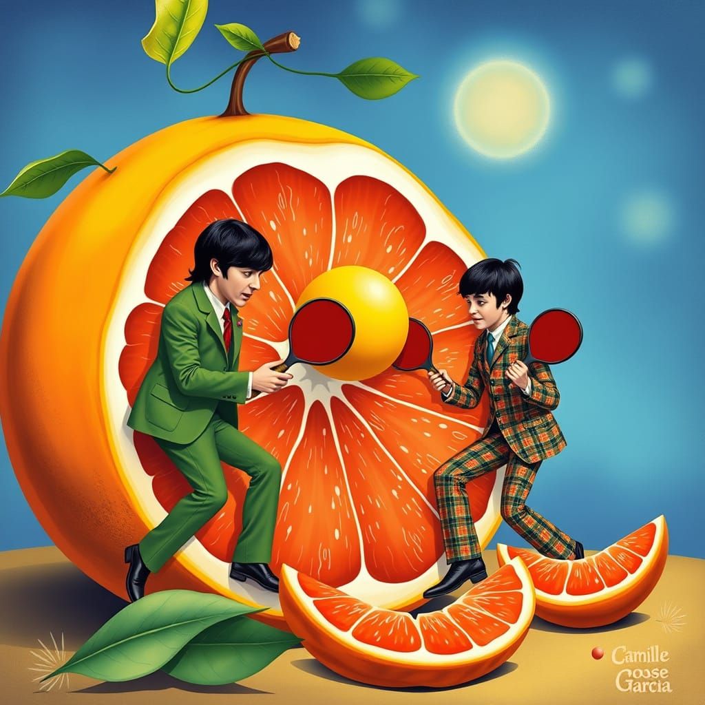 Beatles Play Pickleball in a Whimsical Grapefruit Wonderland