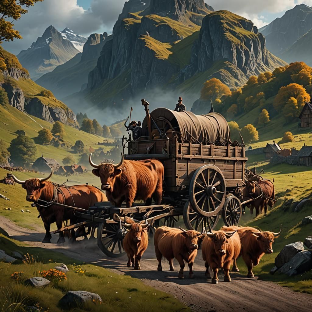 Highland Cows Pulling Canon: Detailed Matte Painting