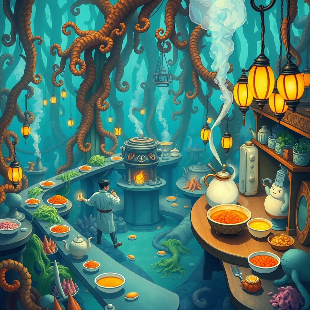 Underwater City Feast in Studio Ghibli Style