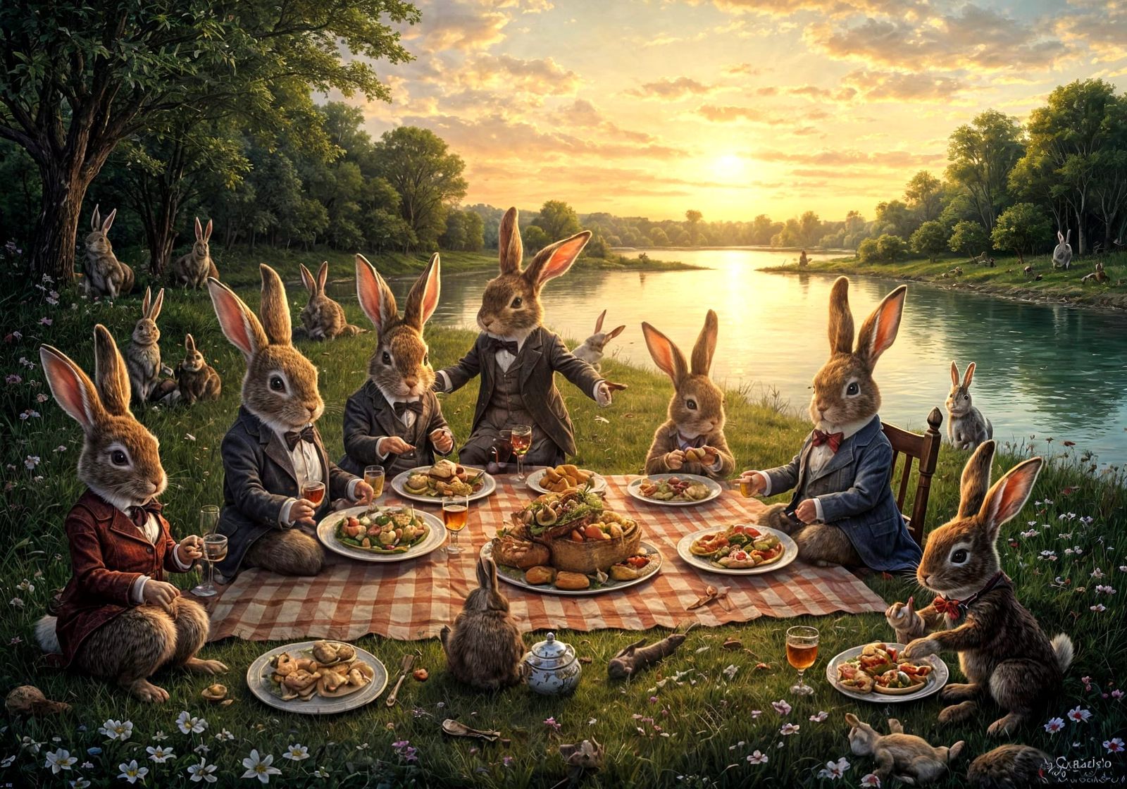 Elegantly Attired Rabbits Enjoy Chaotic Summer Picnic