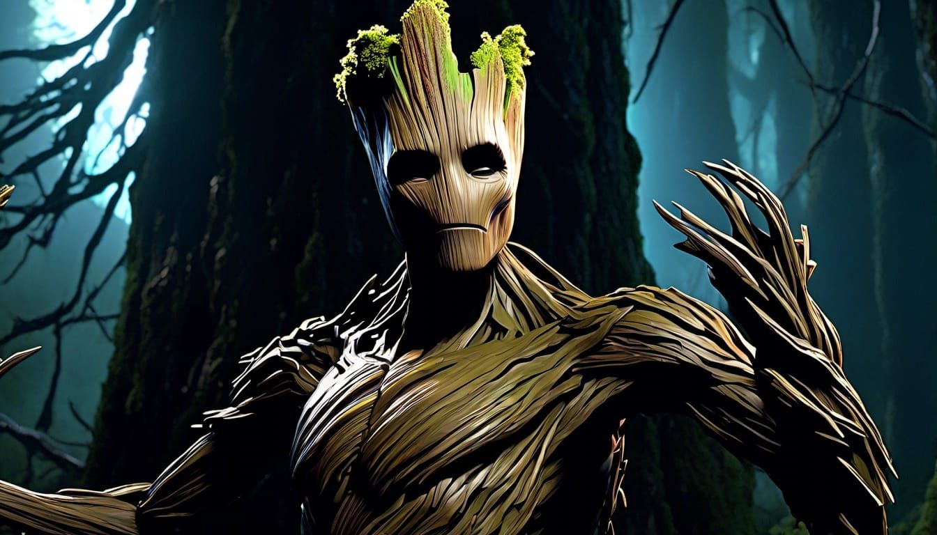 Sinister Groot in a Moonlit Forest