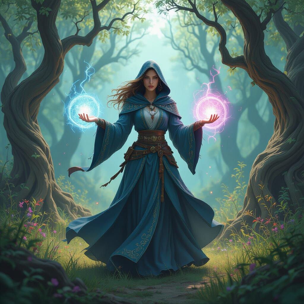 Mystical Sorceress Casting Spell in Enchanted Forest