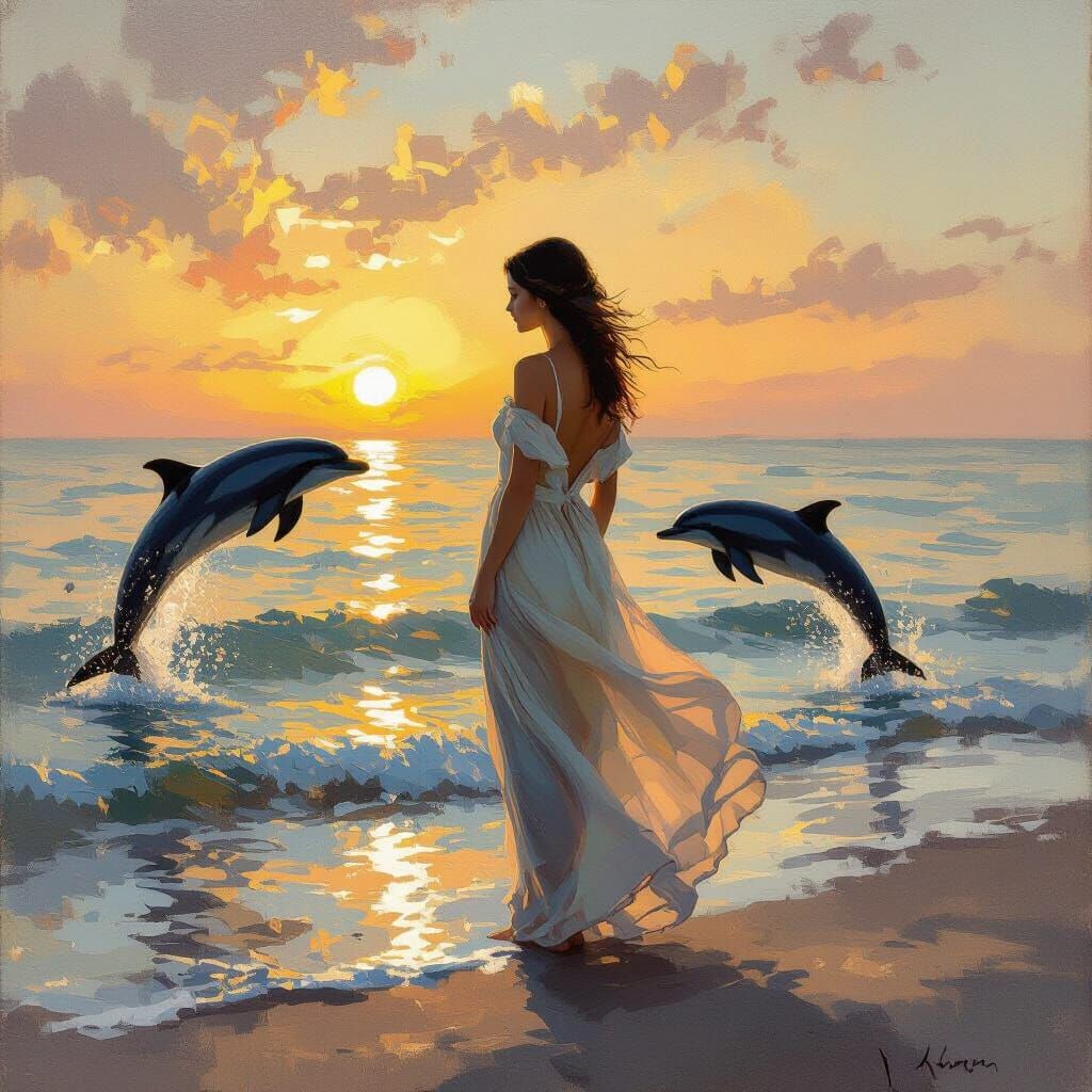 Woman on Shore with Dolphins in Impressionist Style
