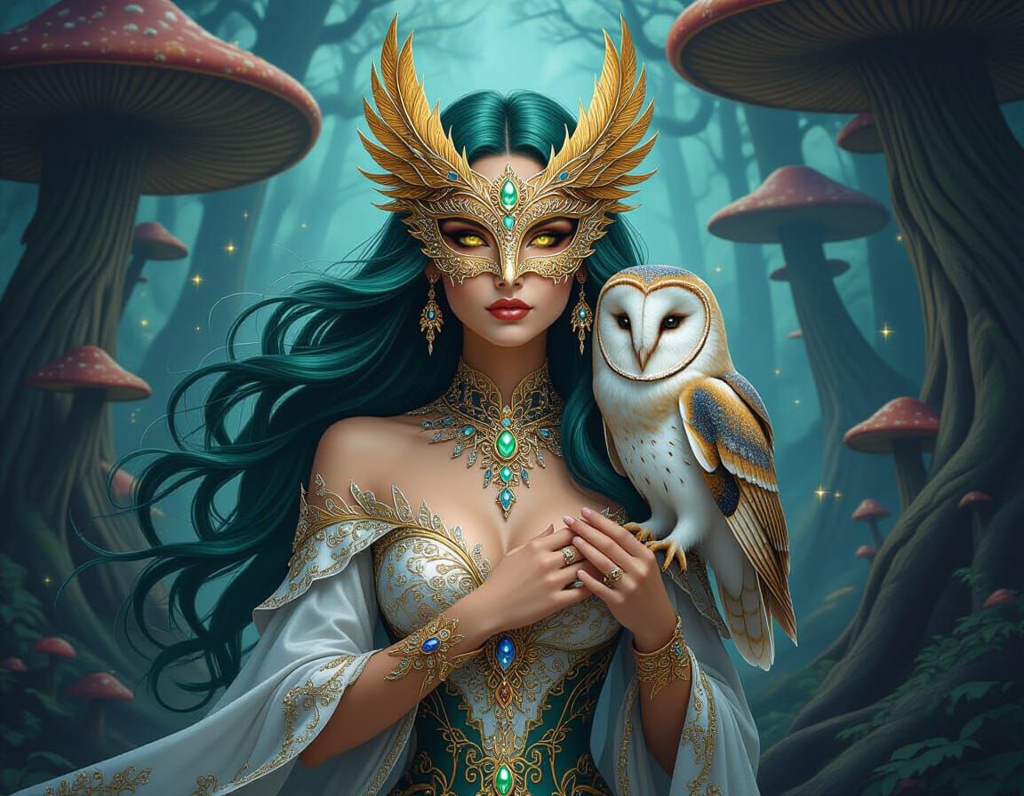 Majestic Fairy Woman with Owl in Fantasy Forest