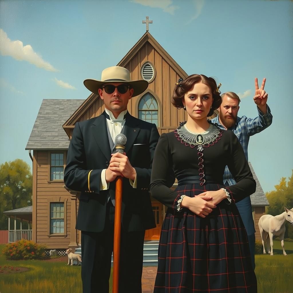 Humorous American Gothic Oil Painting