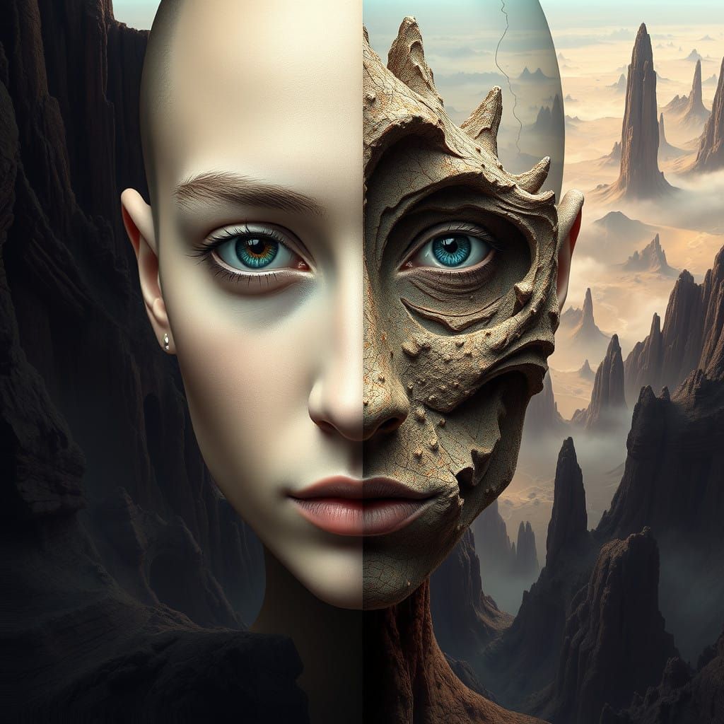 Hyperrealistic Portrait with Fractal Landscape
