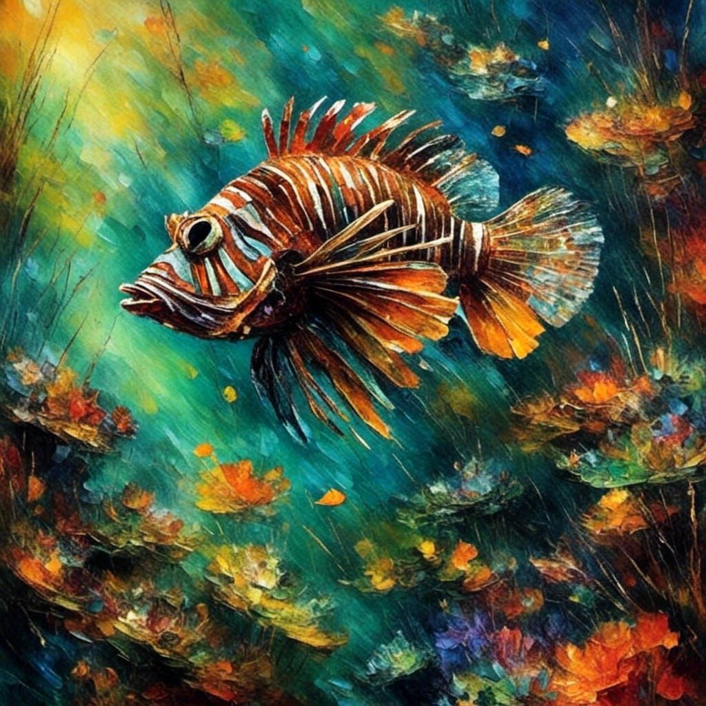 Lionfish Swimming in Coral Reef with Rough Texture