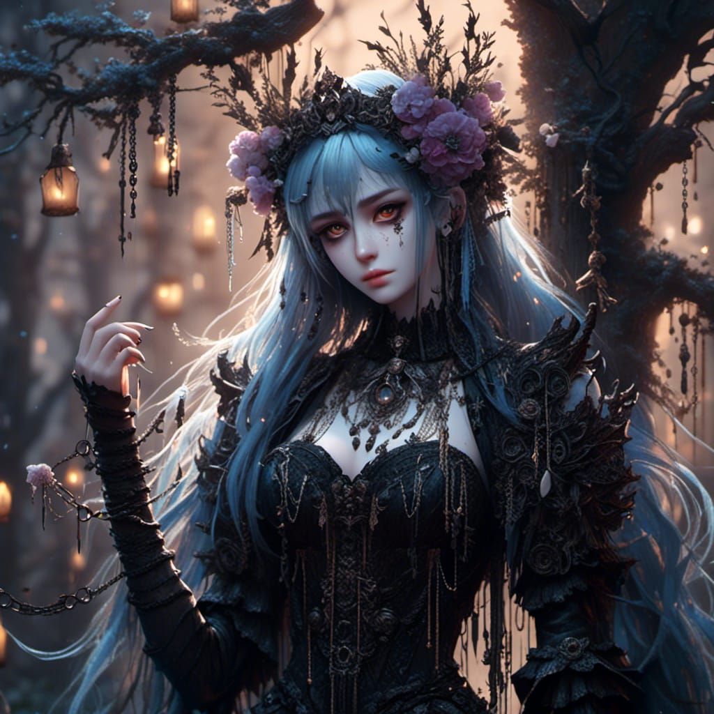 Cute Goth Girl in Ancient Forest with Elf Ears